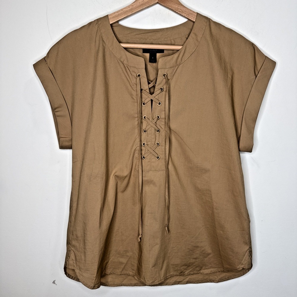 J. Crew Lace Up Tie Blouse Top Womens 6 100% Cotton Tan Cuffed Sleeve Minimalist